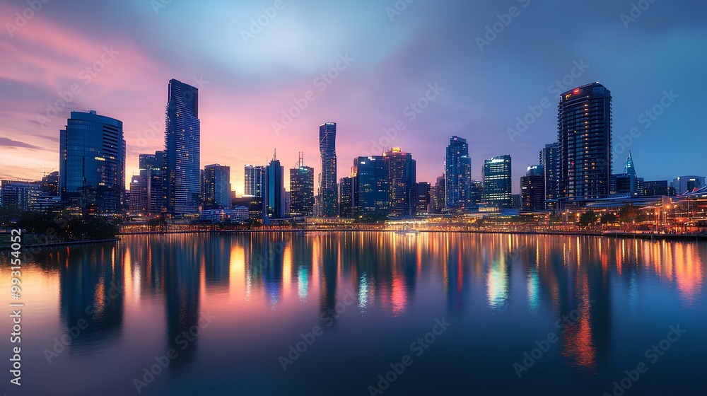 Fototapeta premium A stunning city skyline at dusk, reflected in water, showcasing modern architecture and vibrant colors against a twilight sky.