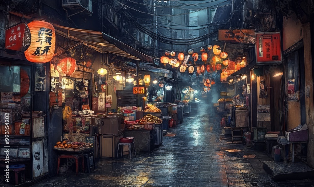 Obraz premium Dark alley with lanterns and shops.