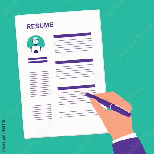 Close Up Of Manager’s Hand With Pen Reviewing An AI Robot Resume.