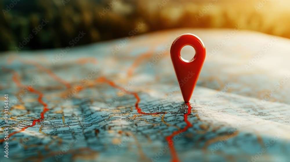 A close-up of a red location pin on a map, symbolizing navigation and travel adventures. A close-up of a red location pin on a map, symbolizing navigation and travel adventures.