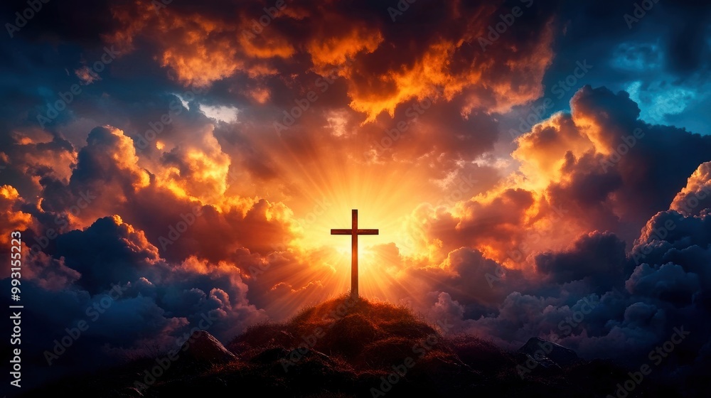A dramatic sunset behind a cross, symbolizing faith and spirituality against a vibrant sky of clouds. A dramatic sunset behind a cross, symbolizing faith and spirituality against a vibrant sky of clouds.