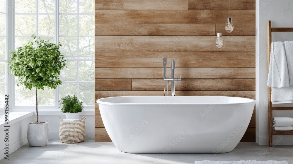 Fototapeta premium Modern bathroom design featuring a freestanding bathtub and natural wood accents