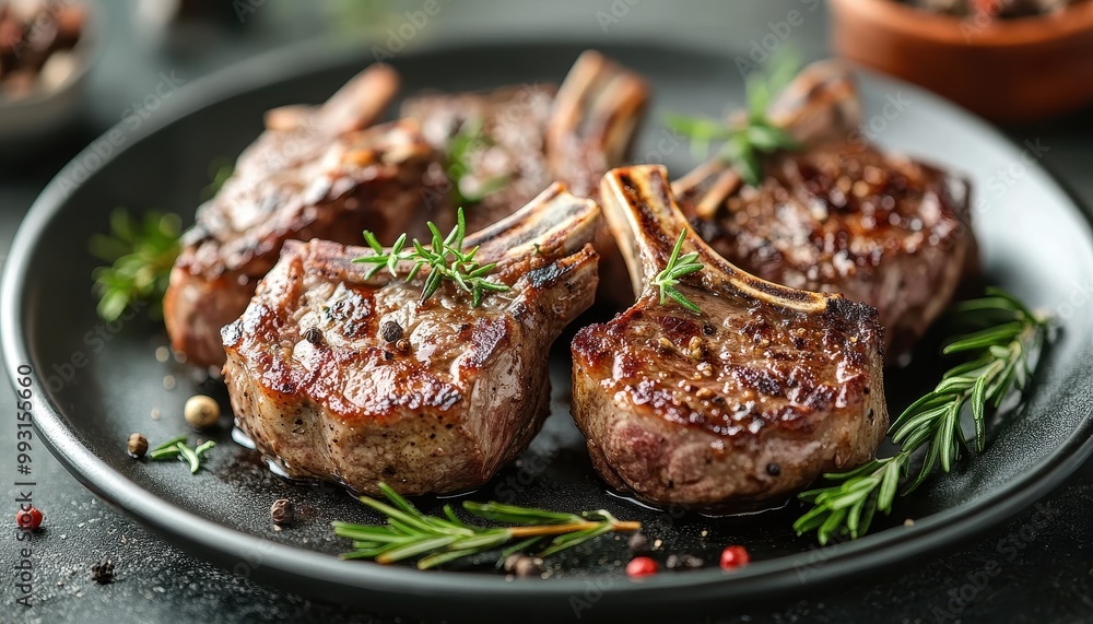 Delicious grilled lamb chops garnished with herbs on a black plate, perfect for gourmet meals and food photography. Delicious grilled lamb chops garnished with herbs on a black plate, perfect for gourmet meals and food photography.