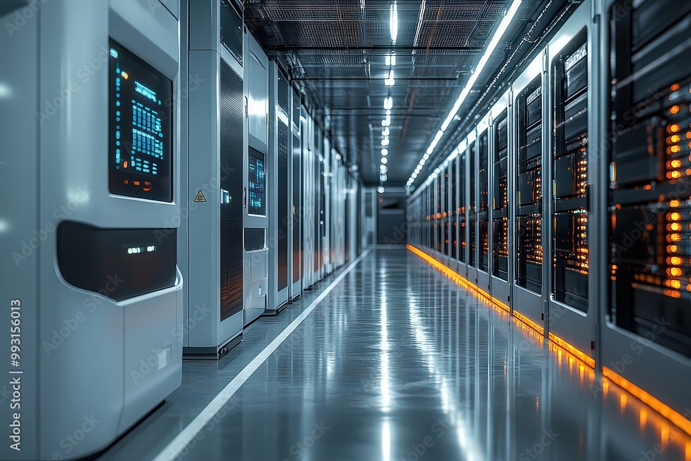 Obraz premium Sleek data center with rows of server racks glowing in soft blue light, symbolizing the core of modern computing and digital infrastructure in a highly secure facility.