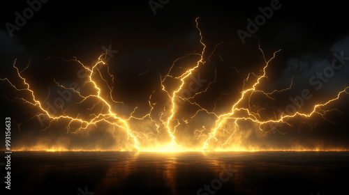 a scene full of lightning and electric rays isolated on a empty plain clean black background