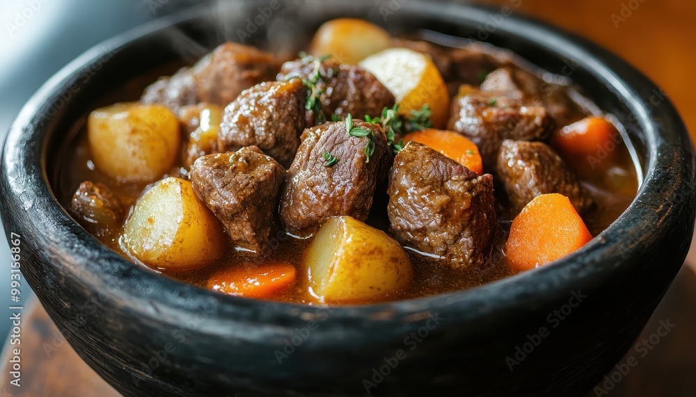 Hearty beef stew with tender meat, potatoes, and carrots, served in a rustic bowl, perfect for cold days and comfort food. Hearty beef stew with tender meat, potatoes, and carrots, served in a rustic bowl, perfect for cold days and comfort food.