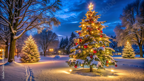 christmas tree in the citytree, winter, christmas, snow, cold, forest, landscape, sky, holiday, christmas tree, xmas, road, decoration, nature, trees, season, celebration, park, frost, fir, star, blue photo