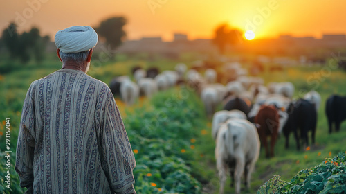 A farmer watches over his cattle at sunset, surrounded by lush fields and a tranquil rural landscape bathed in warm light. photo