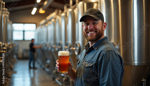 Proud brewmaster holds craft beer in front of gleaming brewing tanks, showcasing craftsmanship.






 photo