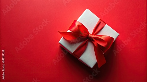 White gift box with red ribbon on red background, aerial, box, Christmas, special occasion, red, holiday, isolated, celebration, packaging, ribbon,gift, wrapped, present, luxury