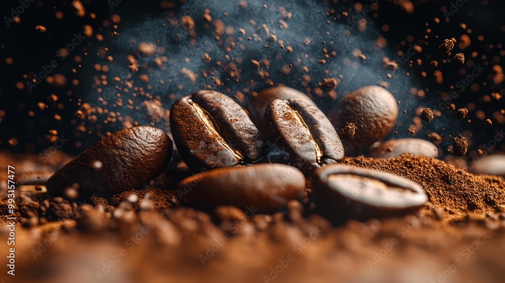 coffee beans with coffee powder in the background feel aroma with a bit smoke, hyper realistic, high resolution, ultra detailed, premium photo. 3D render, ultra realistic. coffee beans with coffee powder in the background feel aroma with a bit smoke, hyper realistic, high resolution, ultra detailed, premium photo. 3D render, ultra realistic.