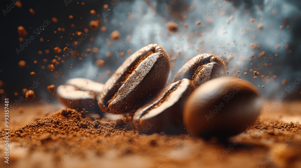 coffee beans with coffee powder in the background feel aroma with a bit smoke, hyper realistic, high resolution, ultra detailed, premium photo. 3D render, ultra realistic. coffee beans with coffee powder in the background feel aroma with a bit smoke, hyper realistic, high resolution, ultra detailed, premium photo. 3D render, ultra realistic.