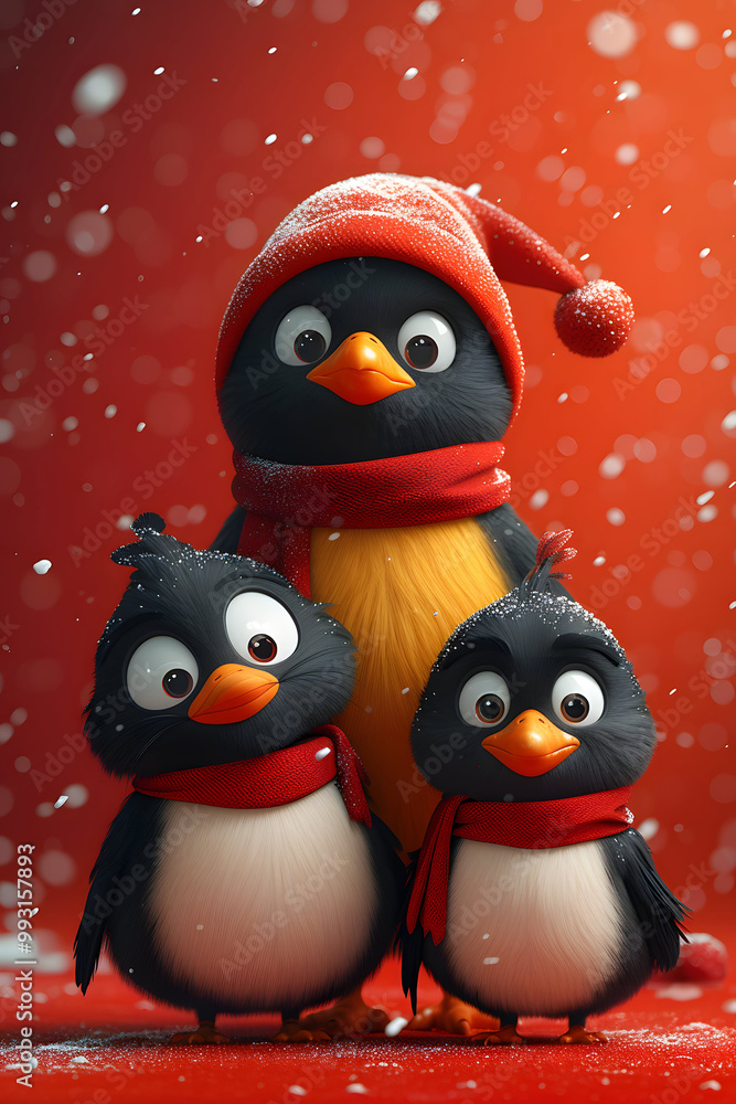 Fototapeta premium Three penguins in festive attire with snowy background