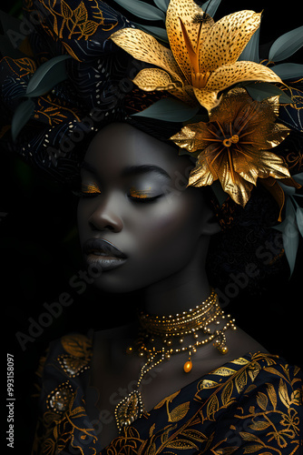 Elegant woman with golden floral headpiece artwork photo