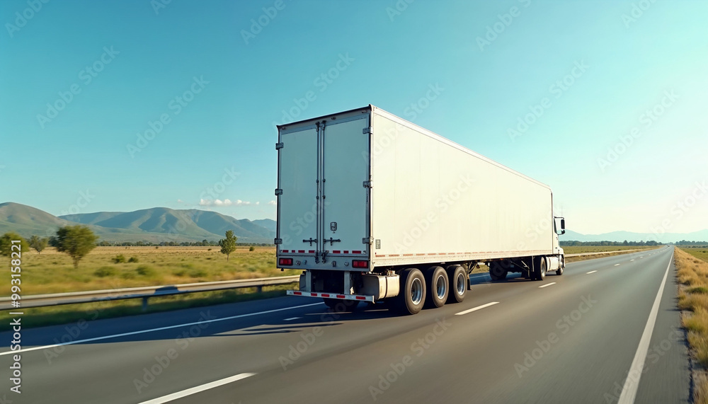 White truck on a wide U.S. highway with blank trailer ready for branding or text.
White truck on a wide U.S. highway with blank trailer ready for branding or text.