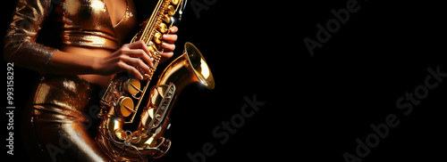 Close-up of the expert hands of a female saxophonist playing a beautiful golden saxophone on a dark black background with copy space. Concept of brass instrument or wind instrument. Generative Ai.