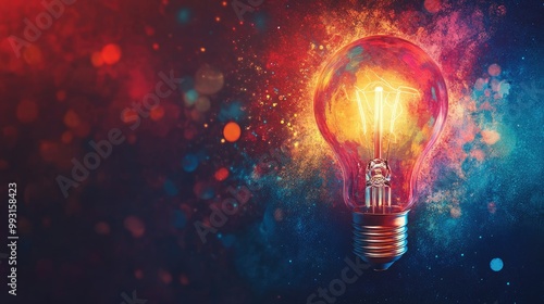 A radiant lightbulb shining brightly, representing creative breakthroughs and innovation, with a colorful, modern background