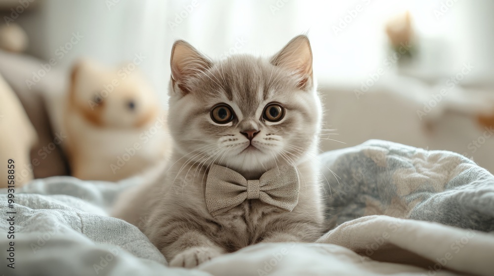 Adorable gray kitten with a bow tie lying on a cozy bed, with soft natural light from a window illuminating the room. Adorable gray kitten with a bow tie lying on a cozy bed, with soft natural light from a window illuminating the room.