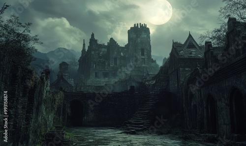 Ruined castle under a full moon.