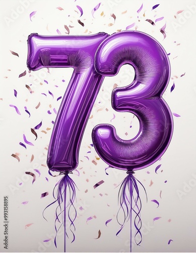 Purple birthday / anniversary balloon, number 73, white background with confetti photo