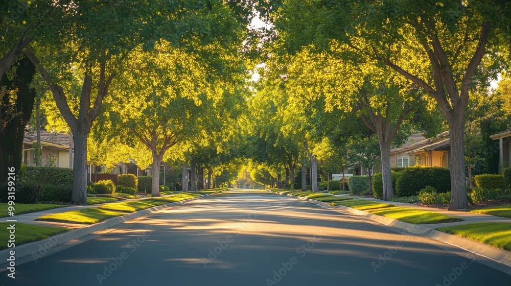 A serene street lined with vibrant trees, showcasing a peaceful neighborhood bathed in warm sunlight. A serene street lined with vibrant trees, showcasing a peaceful neighborhood bathed in warm sunlight.