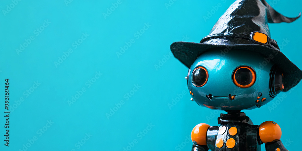 A colorful robot wearing a witch's hat against a bright blue background, combining elements of technology and festive fun. A colorful robot wearing a witch's hat against a bright blue background, combining elements of technology and festive fun.
