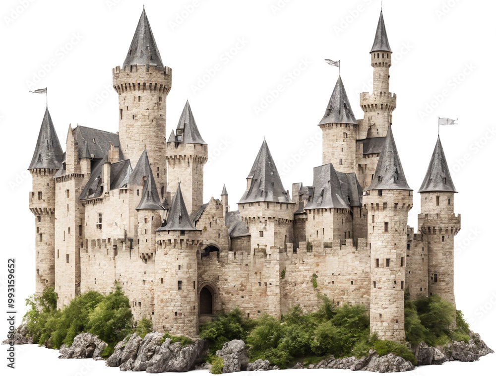 This is a beautiful image of a fairytale castle. Castle is perched on the hill, and the surrounding greenery adds to the magical atmosphere. Castle isolated on png background. This is a beautiful image of a fairytale castle. Castle is perched on the hill, and the surrounding greenery adds to the magical atmosphere. Castle isolated on png background.