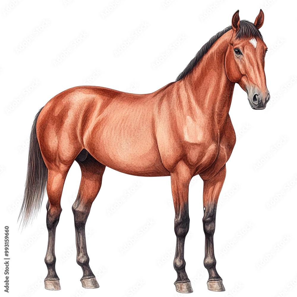 Fototapeta premium A beautiful brown horse standing elegantly, showcasing its muscular build and shiny coat against a white isolated background.