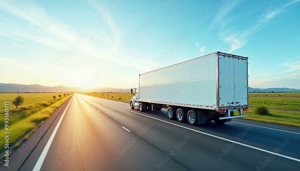 White truck on a wide U.S. highway with blank trailer ready for branding or text.
White truck on a wide U.S. highway with blank trailer ready for branding or text.