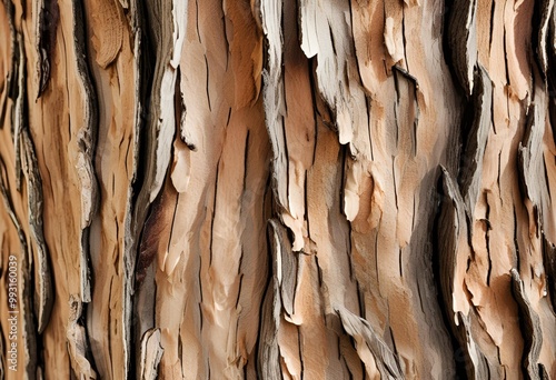 Thick tree bark peeling away, revealing the textured surface underneath, showcasing natural patterns and colors.
 photo