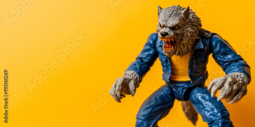 A fierce wolf figure in a blue outfit stands against a bright yellow background, showcasing its detailed design and dynamic pose.