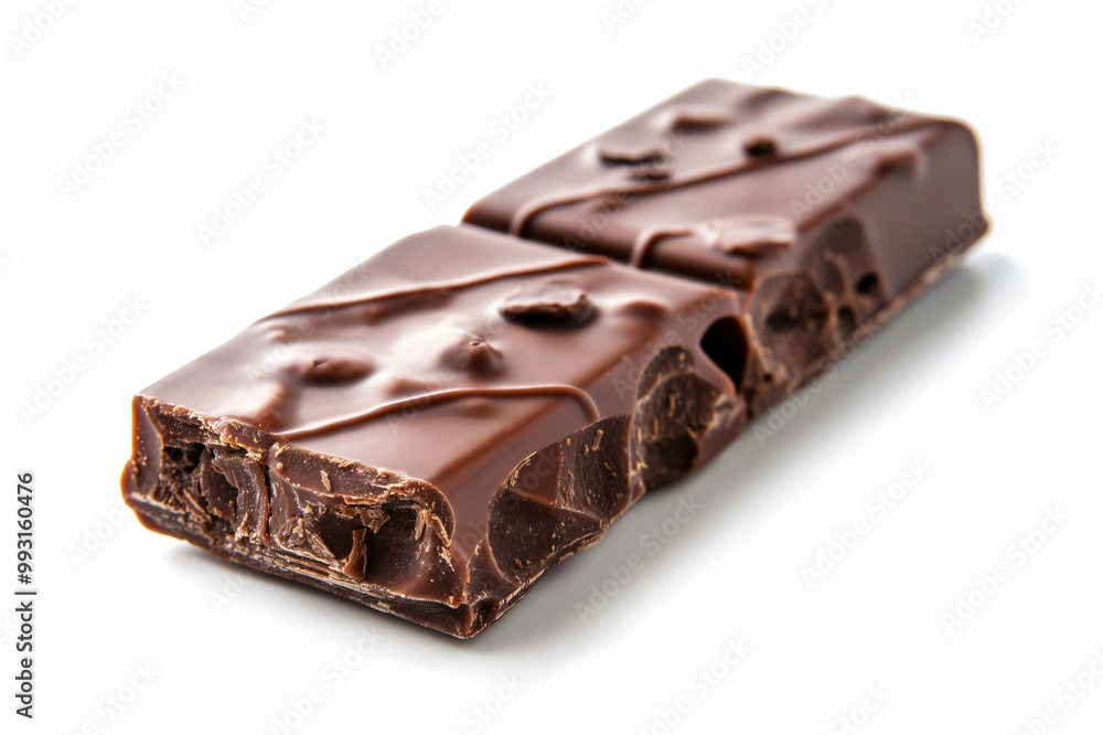 Two broken pieces of a delicious dark chocolate bar are laying on a white background, revealing a smooth inside with crunchy coffee beans Two broken pieces of a delicious dark chocolate bar are laying on a white background, revealing a smooth inside with crunchy coffee beans