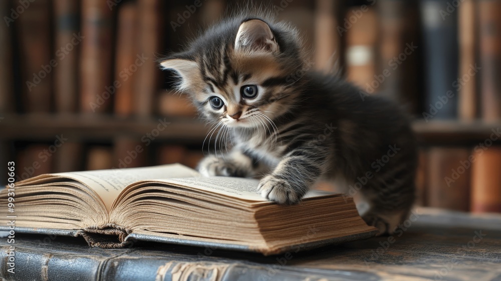 Adorable kitten curiously explores an open book on a wooden table in a cozy library, surrounded by bookshelves, creating a heartwarming scene. Adorable kitten curiously explores an open book on a wooden table in a cozy library, surrounded by bookshelves, creating a heartwarming scene.
