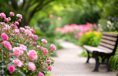 Fototapeta Naklejka Na Ścianę i Meble -  A wooden bench amidst blooming pink roses in a tranquil garden during summer afternoons