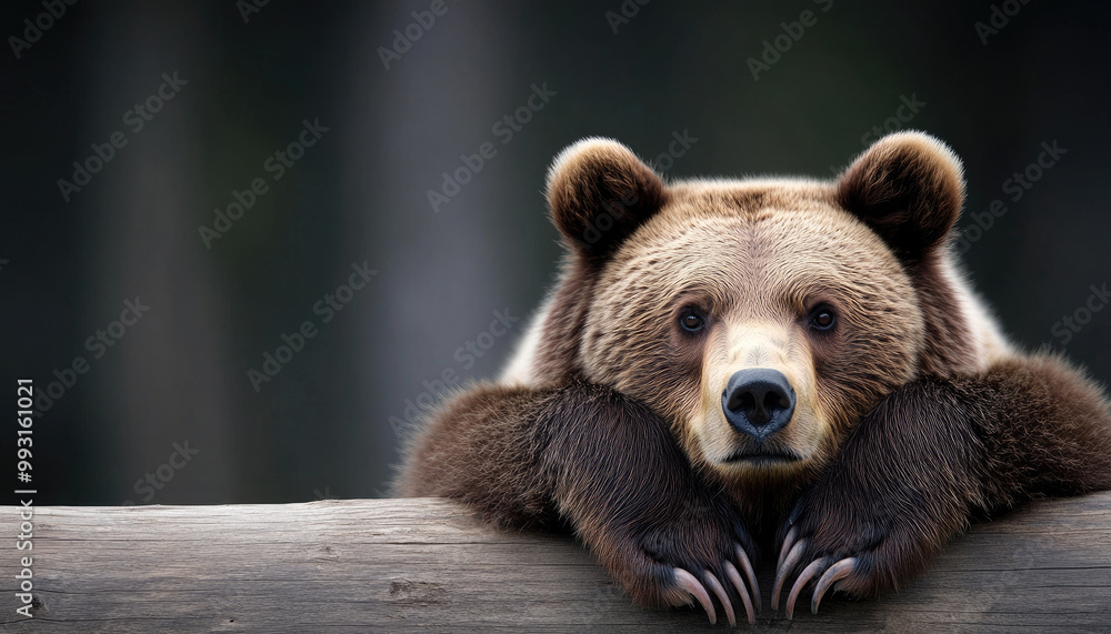 Obraz premium Brown bear resting on a log, serene expression, nature background.