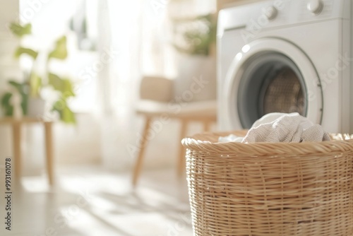 Fresh laundry drying in a sunlit room next to a washing machine and a wicker basket