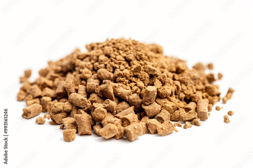 Pile of wood biomass pellets on a white background, highlighting their eco friendly qualities for sustainable heating options Pile of wood biomass pellets on a white background, highlighting their eco friendly qualities for sustainable heating options