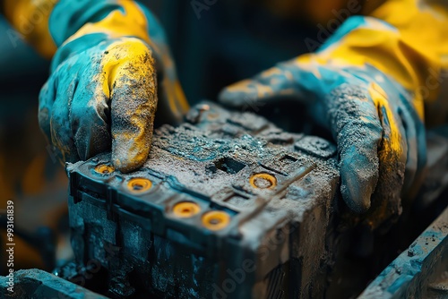  Worker in protective gloves handling used battery in recycling plant, involved in process of dismantling and processing old batteries for recycling. photo