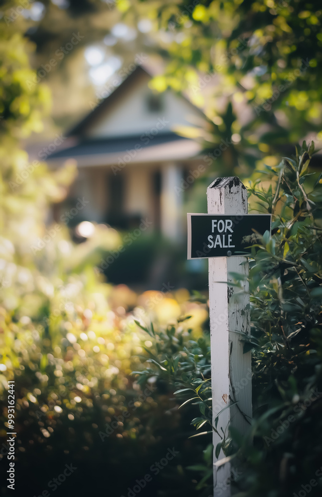 A For Sale sign on a post, with a blurred suburban home in the background. The sign contrasts with the lush greenery around the front yard. A For Sale sign on a post, with a blurred suburban home in the background. The sign contrasts with the lush greenery around the front yard.