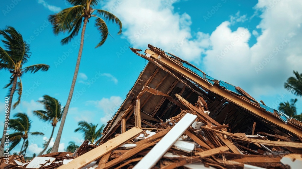 Collapsed structure amid palm trees against a blue sky, showcasing the impact of natural disasters. Collapsed structure amid palm trees against a blue sky, showcasing the impact of natural disasters.