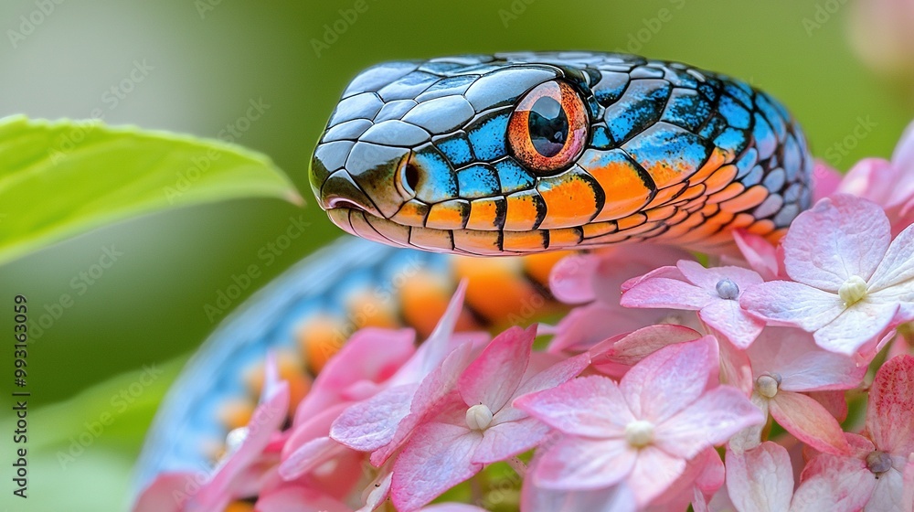 Fototapeta premium Blue and orange snake on pink flower with green and white snake on the same