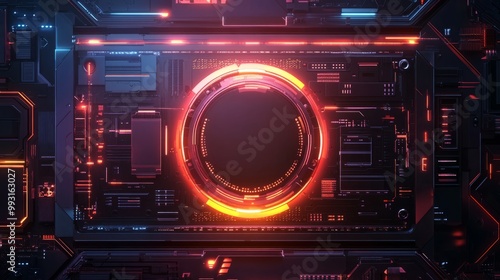 Futuristic CPU panel with glowing HUD circle, sci-fi technology board design, vector illustration for high-tech digital concepts and innovative electronic systems.