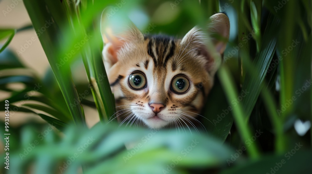 Adorable kitten peeking through lush green leaves, showcasing its big, curious eyes. Perfect for pet lovers and nature enthusiasts. Adorable kitten peeking through lush green leaves, showcasing its big, curious eyes. Perfect for pet lovers and nature enthusiasts.