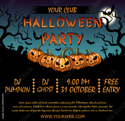 Halloween party template. tombstones, crosses, bats  and pumpkins, design the background for the Halloween party invitation card poster flyer. The text of the pattern places halloween party designs