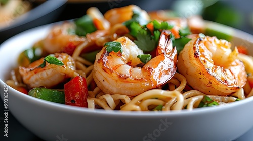 Delicious Shrimp and Noodles in a Bowl photo