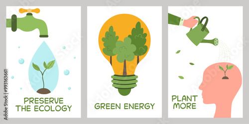 Collection of posters with concept of environmental protection. Save the Earth, plants, forests. Preserve ecology of the planet. Eco-friendly. Sustainable lifestyle. Natural resources. Green energy.