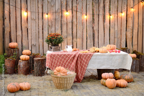 Autumn harvest setting with pumpkins, table, flowers, wooden logs, and fairy lights outdoors photo