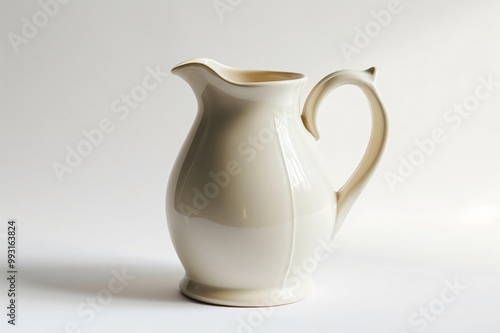 White ceramic pitcher is standing on a white backdrop, creating a clean and minimalist aesthetic photo