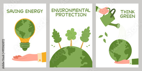 Collection of posters with concept of environmental protection. Save the Earth, plants, forests. Preserve ecology of the planet. Eco-friendly. Sustainable lifestyle. Natural resources. Green energy.