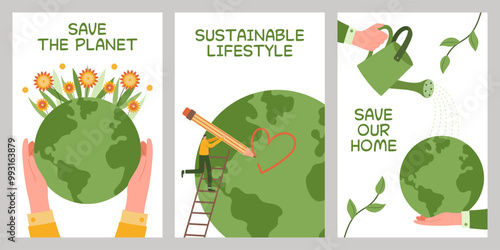 Collection of posters with concept of environmental protection. Save the Earth, plants, forests. Preserve ecology of the planet. Eco-friendly. Sustainable lifestyle. Natural resources. Green energy.